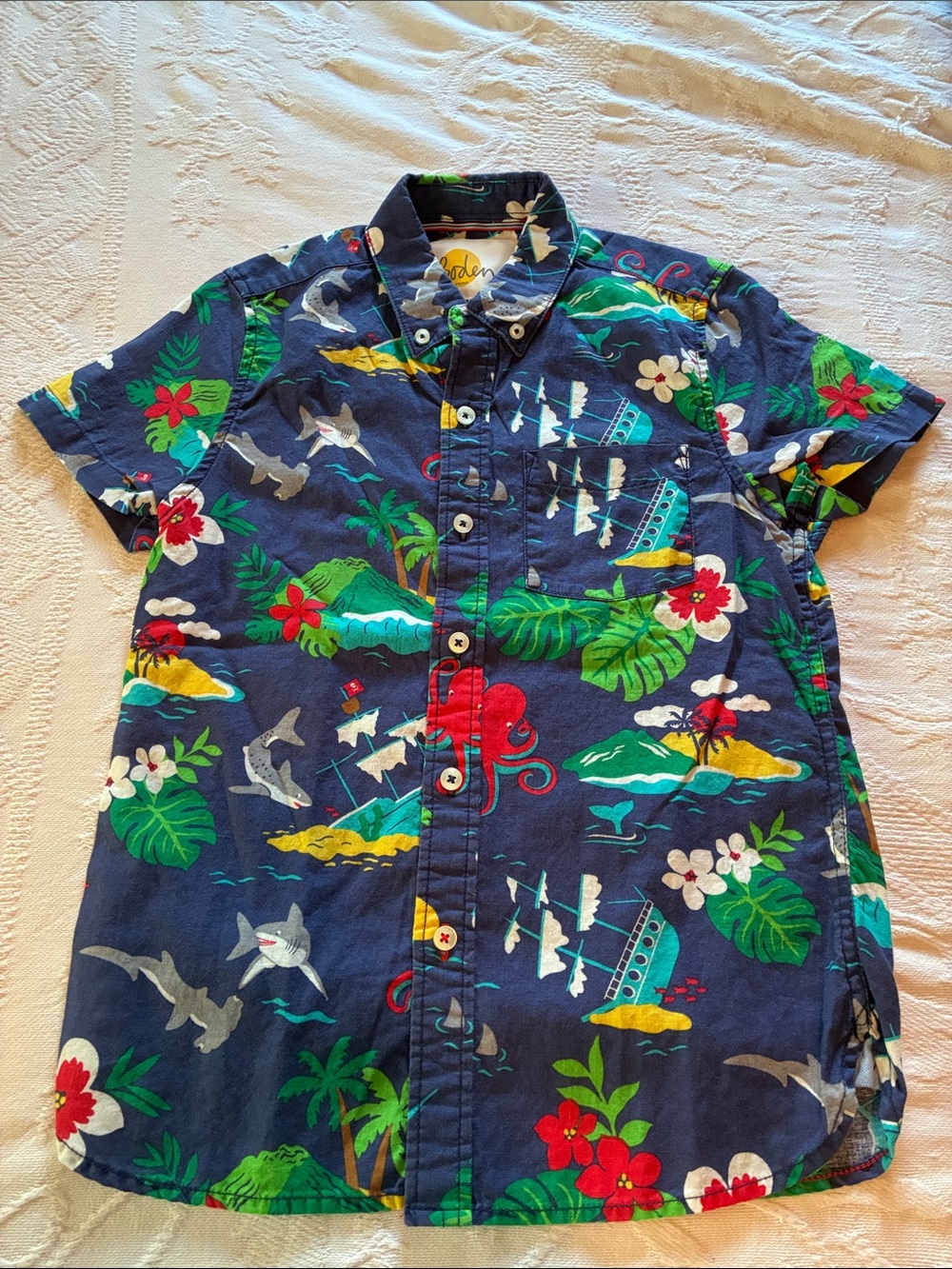 Boden Kids Navy Tropical Print Short-Sleeve Button-Down Shirt